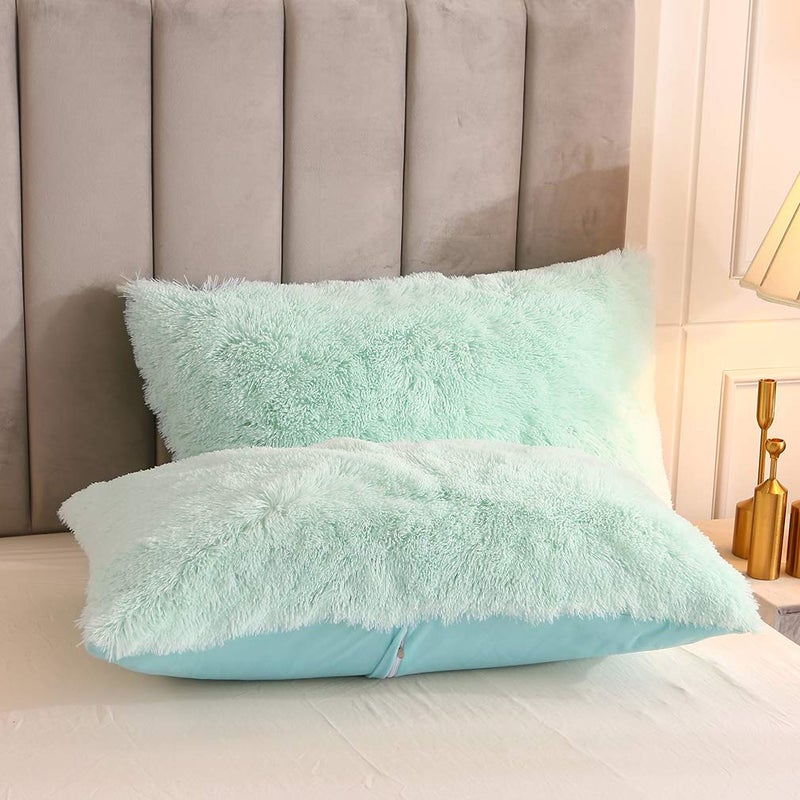 Uhamho Faux Fur Velvet Fluffy Bedding Duvet Cover Set Down Comforter Quilt Cover with Pillow Shams, Ultra Soft Warm (Queen, Aqua) - Image 4